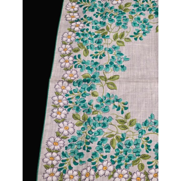 Vintage Floral Handkerchief Aqua Blue Daisies & Green Leaves, 1950s Cotton Hanki - Picture 5 of 9